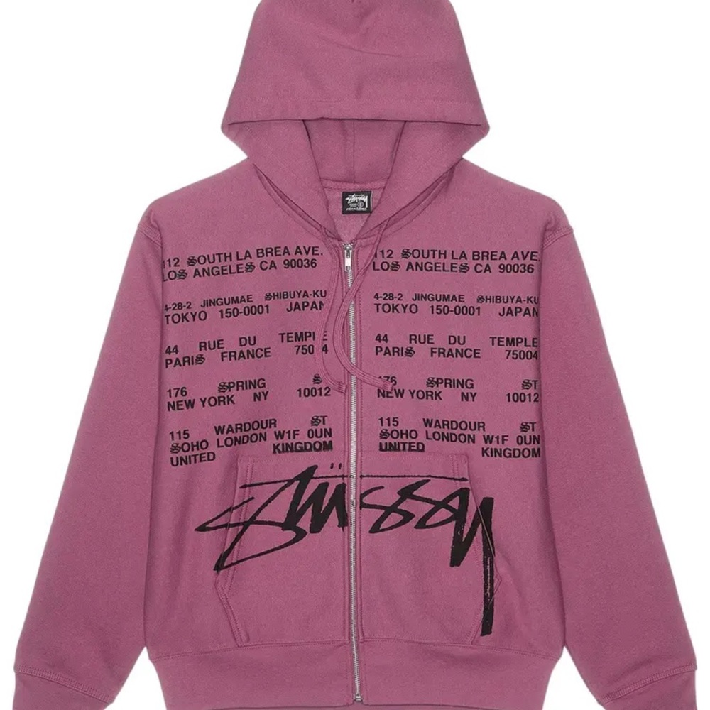 STUSSY WORLD TOUR ZIP UP HOODIE BERRY